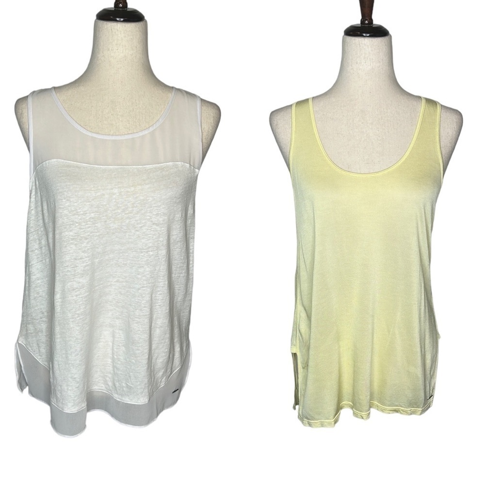 A/X Armani Exchange Womens Linen Tank Tops Sz L Yellow & White‎ Beachy Coastal